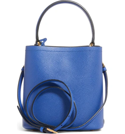 Shop Prada Small Saffiano Leather Bucket Bag In Royal/ Nero