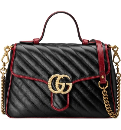 Gucci Gg Marmont Top Handle Diagonal Matelasse Small Black/cerise | ModeSens