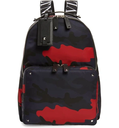 Shop Valentino Camo Backpack - Blue In Marine/ Scarlet