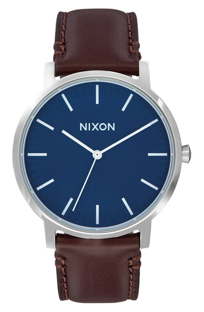 Shop Nixon Porter Round Leather Strap Watch, 40mm In Brown/ Navy/ Silver