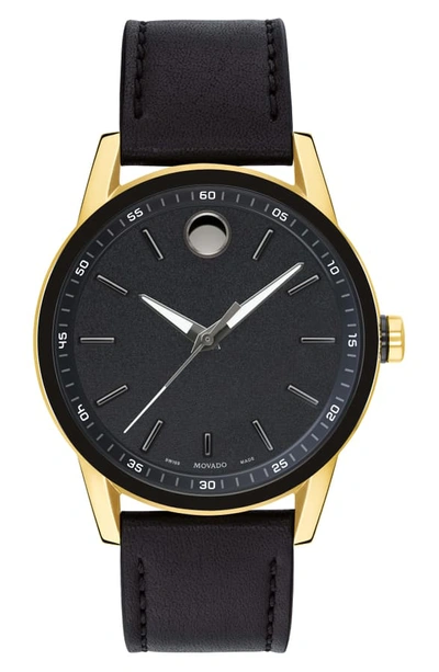 Shop Movado Leather Strap Watch, 42mm In Black/ Gold