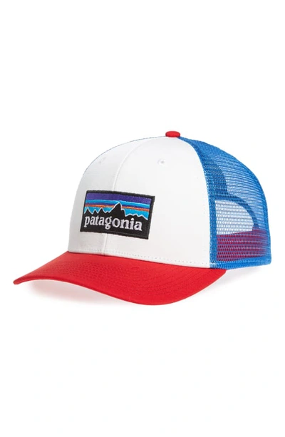 Shop Patagonia P-6 Logo Trucker Hat - White In White/ Fire/ Andes Blue