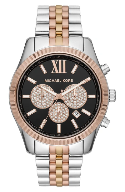 Shop Michael Michael Kors Lexington Chronograph Bracelet Watch, 44mm In Silver/ Black/ Rose Gold