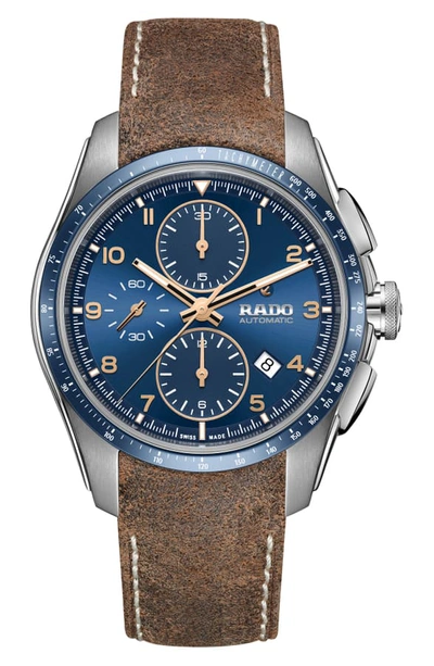 Shop Rado Hyperchrome Automatic Chronograph Leather Strap Watch, 44mm In Brown/ Blue/ Silver