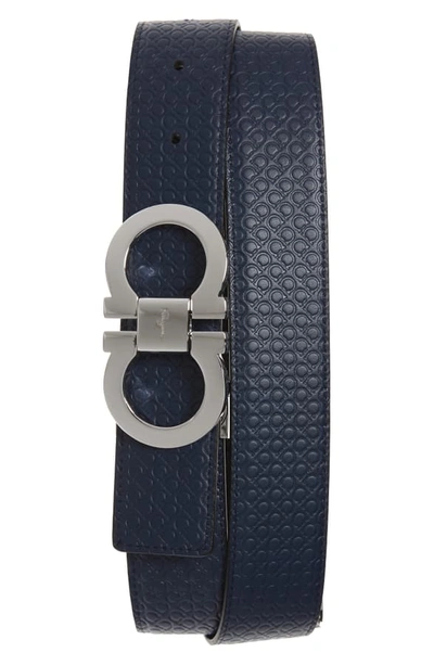 Shop Ferragamo Gancini Embossed Reversible Leather Belt In Black/ Navy