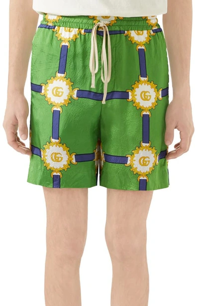 Shop Gucci Gg Harness Print Shorts In Shamrock/blue Print