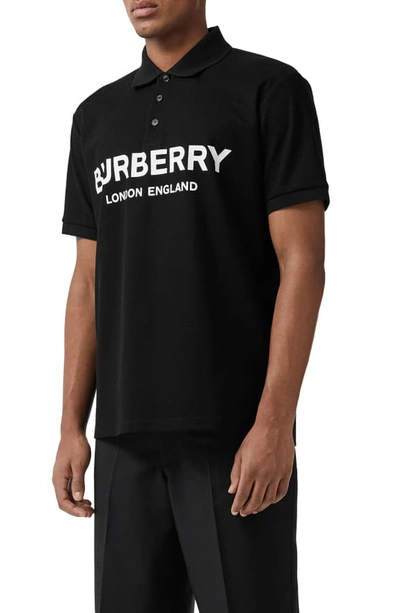 Shop Burberry Luckland Logo Print Pique Polo In Black