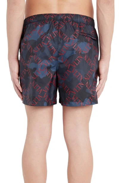 Shop Valentino Diamond Logo Camo Swim Trunks In Marine/ Scarlet