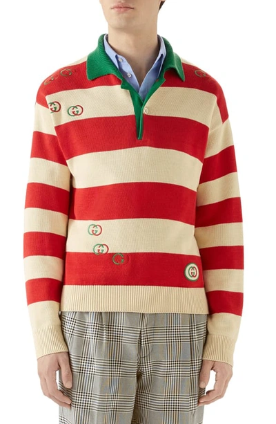Shop Gucci Interlocking-g Embroidered Cotton Polo Sweater In Milk/ Live Red