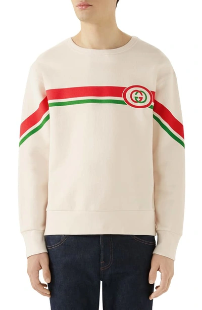 Shop Gucci Interlocking-g Logo Stripe Cotton Sweatshirt In Natural