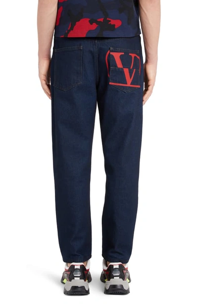 Shop Valentino Logo Jeans In Navy/ Red