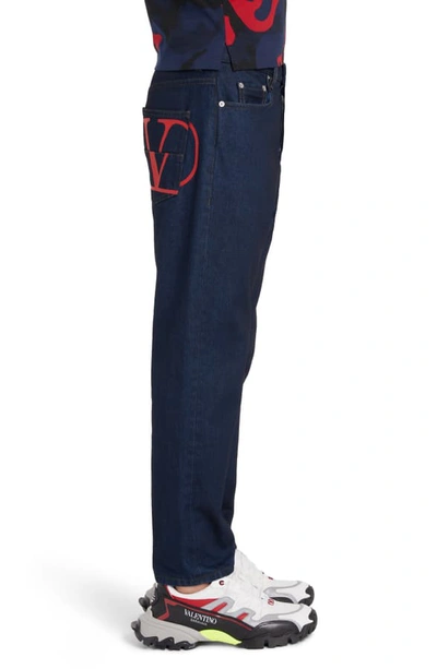 Shop Valentino Logo Jeans In Navy/ Red