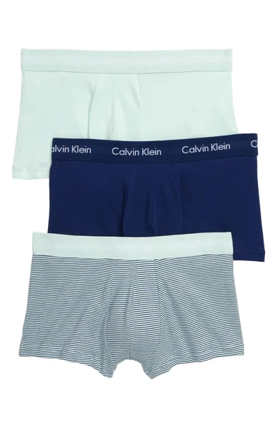 Shop Calvin Klein 3-pack Stretch Cotton Low Rise Trunks In Green/ Stripe/ Blue Depth