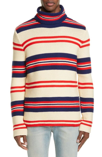Shop Gucci Stripe Mock Neck Cotton & Wool Sweater In Milk Ink Live Red