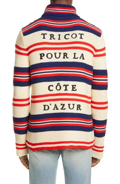 Shop Gucci Stripe Mock Neck Cotton & Wool Sweater In Milk Ink Live Red