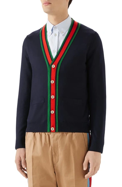 Shop Gucci Web Wool Cardigan In Ink/ Multicolor