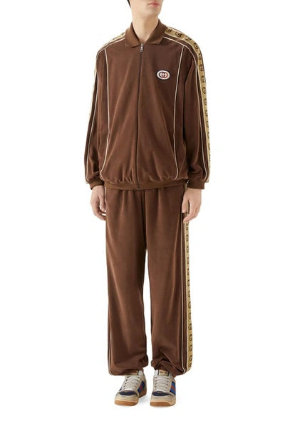 Shop Gucci Interlocking-g Stripe Velour Jogger Pants In Brown/camel/white