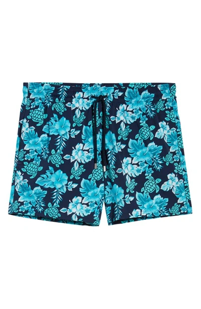 Shop Vilebrequin Moorea Turtles Flowers Swim Trunks In Bleu Marine