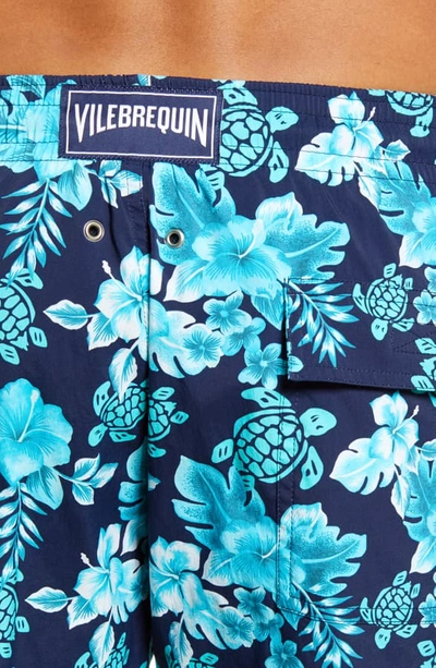 Shop Vilebrequin Moorea Turtles Flowers Swim Trunks In Bleu Marine