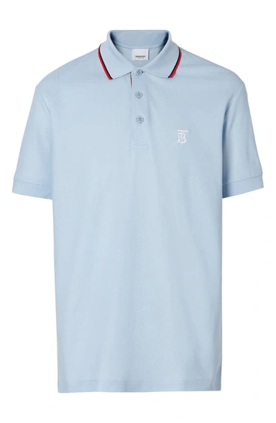 Shop Burberry Walton Icon Stripe Short Sleeve Pique Polo In Pale Blue