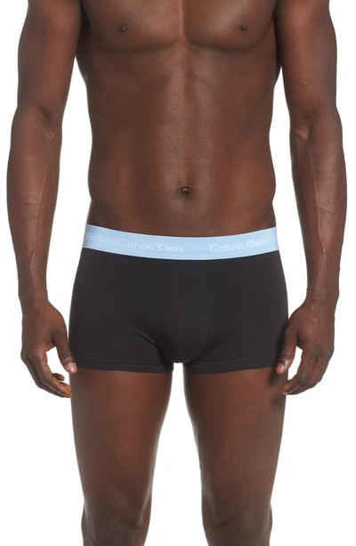Shop Calvin Klein 3-pack Stretch Cotton Low Rise Trunks In Blk/ Wedgewood/ Green/ Blue