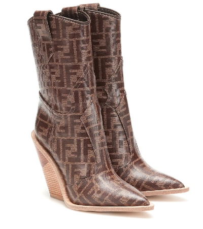 Shop Fendi Printed Cowboy Boots In Brown