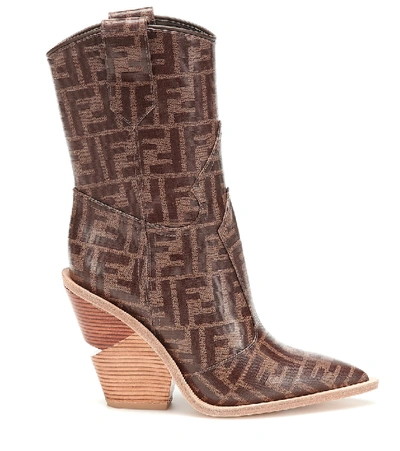 Shop Fendi Printed Cowboy Boots In Brown