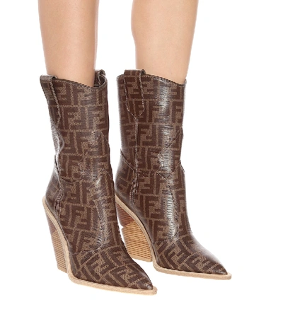 Shop Fendi Printed Cowboy Boots In Brown