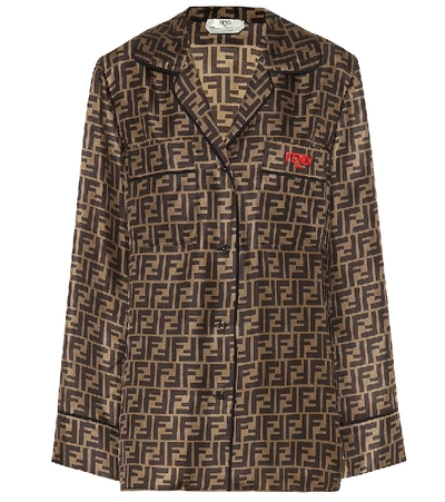 Shop Fendi Printed Silk Shirt In Brown