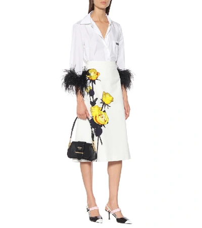 Shop Prada Floral Cotton Midi Skirt In White