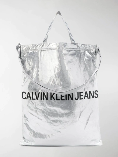 Shop Calvin Klein Jeans Est.1978 Logo Market Tote In Silver