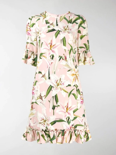 Shop Dolce & Gabbana Ruffle Lily Print Dress In Pink