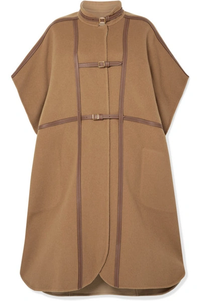 Shop Burberry Leather-trimmed Wool-blend Cape In Light Brown