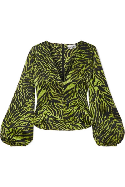 Shop Ganni Tiger-print Silk-blend Satin Top In Green
