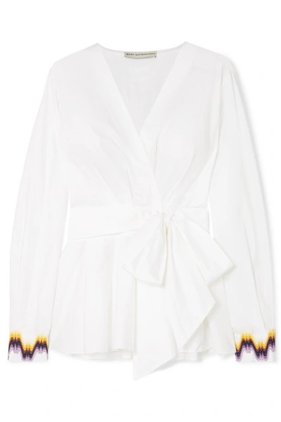 Shop Mary Katrantzou Orla Embroidered Cotton-blend Poplin Wrap Top In White