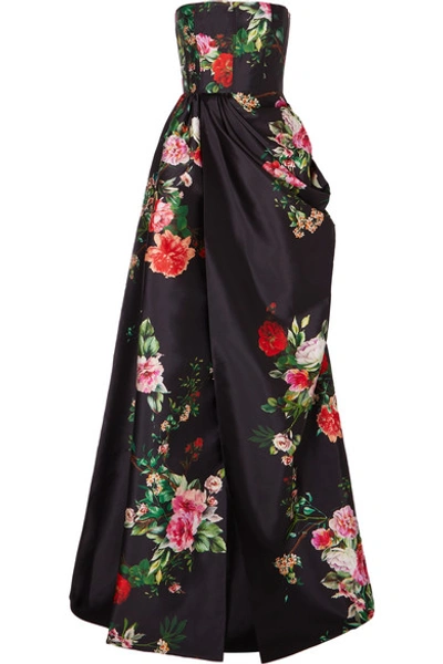 Shop Alex Perry Alex Ruched Floral-print Satin-crepe Gown In Black