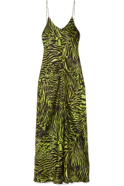 Shop Ganni Tiger-print Stretch-silk Satin Maxi Dress In Green