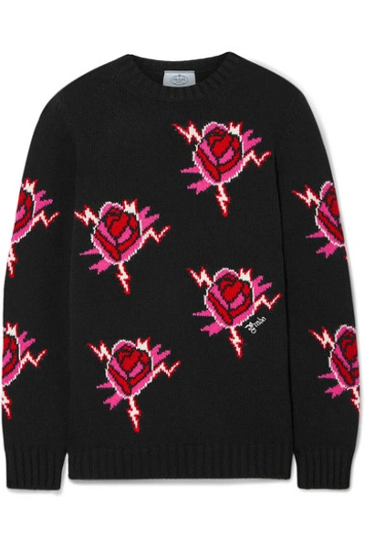 Shop Prada Intarsia Wool And Cashmere-blend Sweater In Black