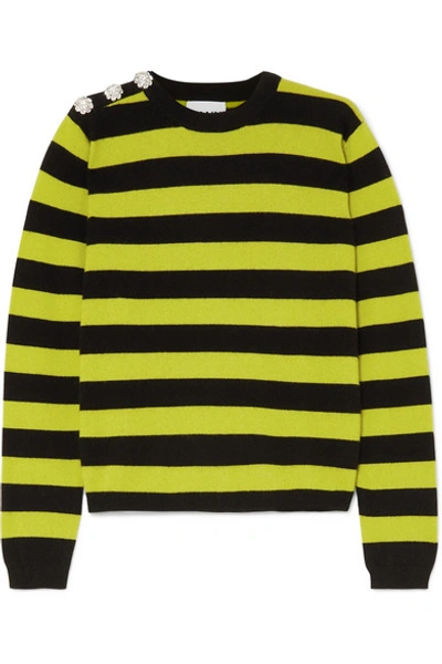 Shop Ganni Button-embellished Striped Cashmere Sweater In Green