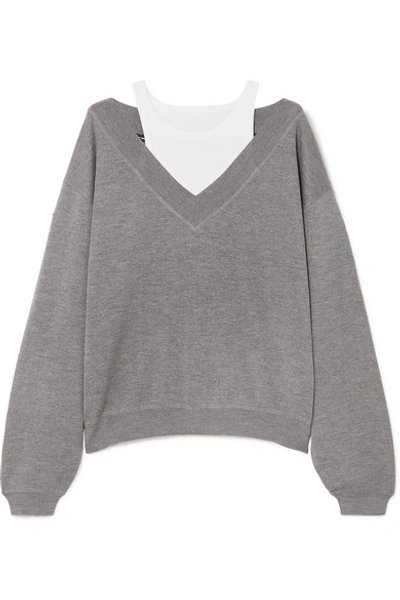 Shop Alexander Wang T Cropped Layered Wool And Stretch-cotton Jersey Sweater In Light Gray