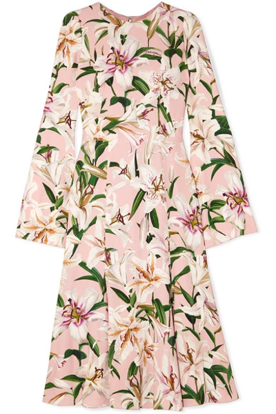 Shop Dolce & Gabbana Pleated Floral-print Crepe De Chine Midi Dress In Pink