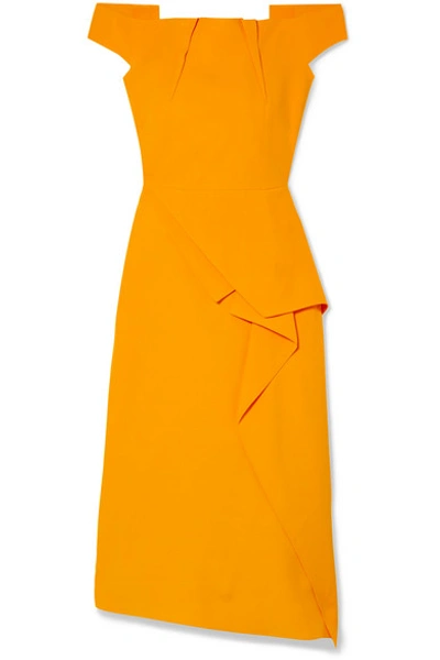 Shop Roland Mouret Arch Off-the-shoulder Draped Crepe Midi Dress In Marigold