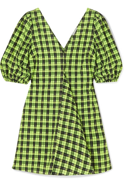 Shop Ganni Checked Cotton-blend Seersucker Mini Dress In Green