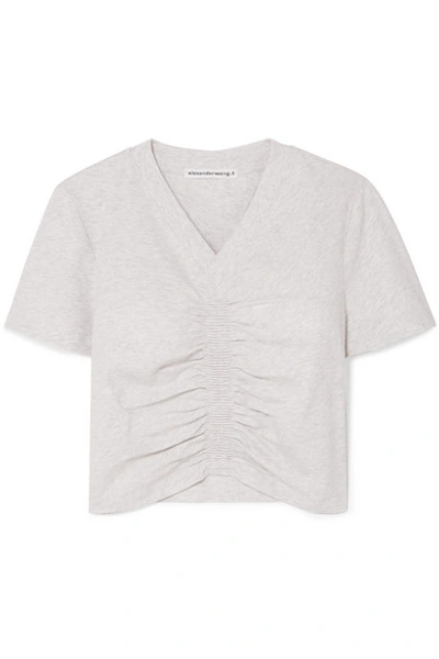 Shop Alexander Wang T Cropped Ruched Cotton-jersey T-shirt In Light Gray