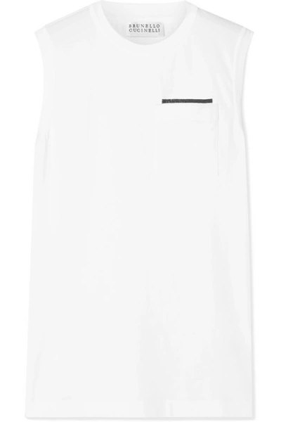 Shop Brunello Cucinelli Bead-embellished Cotton-blend Jersey Tank In White