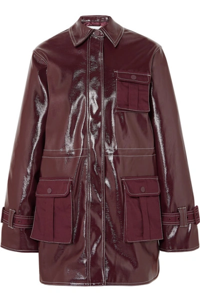 Canvas-paneled Faux Patent-leather Jacket In Burgundy