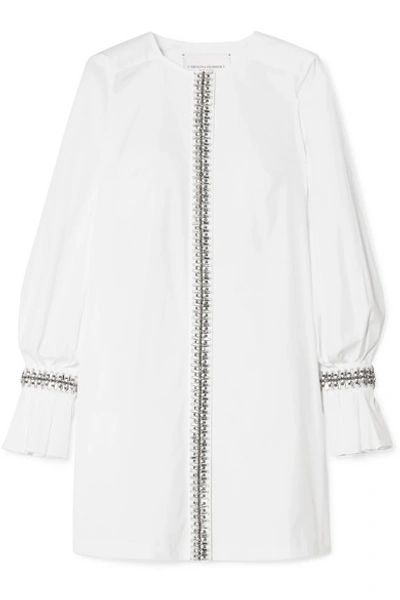 Shop Carolina Herrera Crystal-embellished Cotton-blend Poplin Mini Dress In White