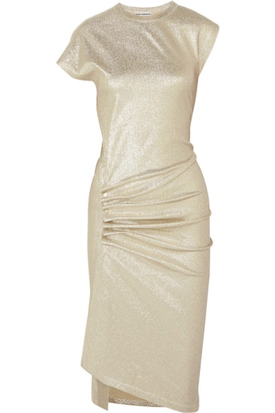 Shop Rabanne Ruched Metallic Stretch-jersey Dress In Gold