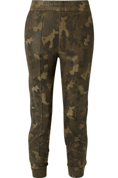 Shop Sprwmn Leather-trimmed Camouflage-print Suede Track Pants In Army Green