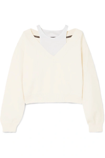 Shop Alexander Wang T Cropped Layered Knitted And Stretch-cotton Jersey Sweater In Cream
